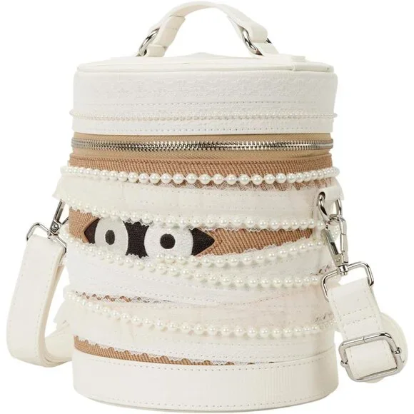 Figural Mummy Crossbody Bag Multicolor Faux Leather Glitter with Embroidered Eye